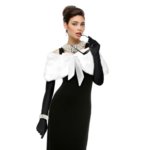 7 Pcs 1920s Flapper Costume Accessory Women Lady Vintage Elegant | Retro Old Hollyween Aesthetic Pearl Accessory Outfit,Faux Fur Shawl,Cat Eye Sunglasses,Bracelet Earring Necklace Glove