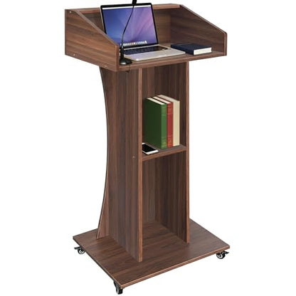Podium Stand with Lockable Wheels,47"H Wooden Podium for Classroom, Mobile Pulpit Lectern with 3 Storage Shelves for Church, Office,Conference Room (Walnut) - color: Walnut