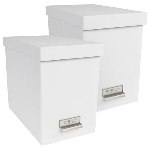 Bigso John Fiberboard Label Frame Desktop File Storage Box - Document Organizer for Important Paperwork - Durable Hanging File Box with Lid & Metal Label Window - 7.36 x 13.38 x 10.51 in - White - 2pk - color: White (2)