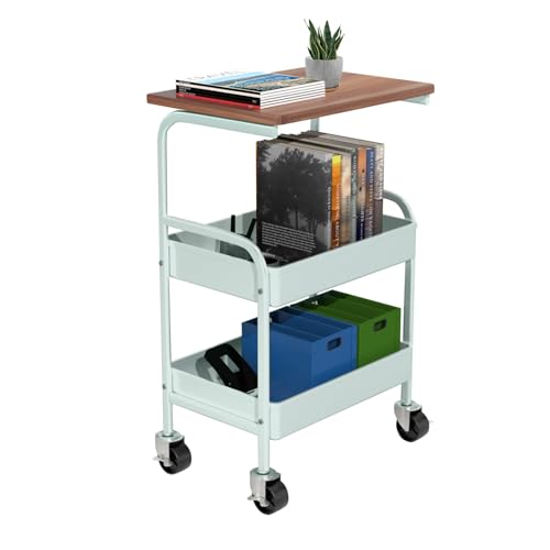 Rolling Cart with Wooden Tabletop, 3 Tier Metal Utility Cart, Rolling Storage Organizer Cart with Lockable Wheels for Kitchen, Office, Bedroom (Green) - color: Green