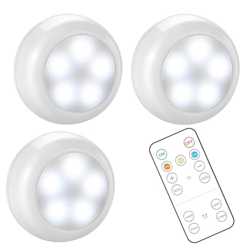 BLS Wireless LED Puck Lights with Remote Control, AA-1030 Battery Operated Lights with 3 AA Batteries, Stick on LED Under Cabinet Lighting with Timer& Dimmable, Cool White and Warm White (3 Pack)