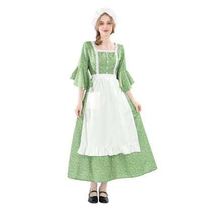 NSPSTT Prairie Dress Women Pioneer Dress Colonial Costume - color: Green Printing, size: Small