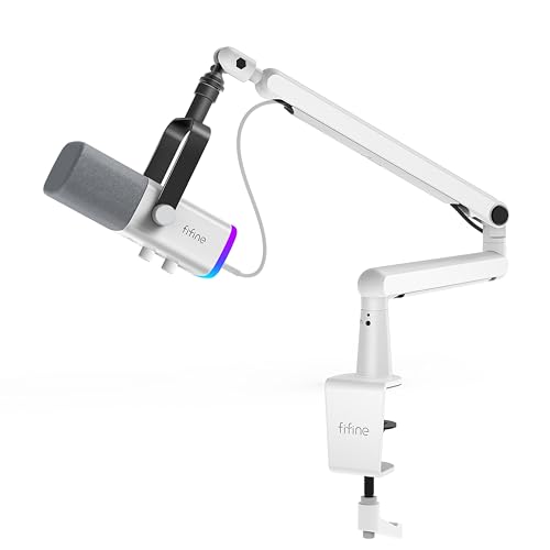 FIFINE Gaming XLR/USB Microphone and Mic Stand Bundle,RGB Dynamic Mic with Mute Button,Volume Control, Low Profile Boom Arm Kit with Cable Management for Recording Video Creation (AM8W+BM88W)