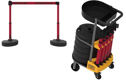 PL4012T Plus 75 ft Belt Barrier w/Cart Package & Tray | Mobile System, 5 Telescoping Stanchions, 15 ft Red "Stay Behind The Line" Retractable Banners, Accessory Tray - style: Red: Stay Behind The Line