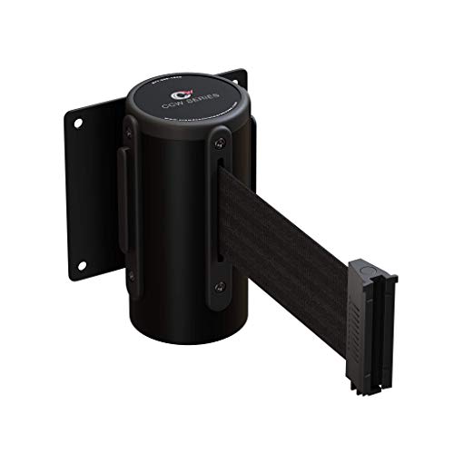 Crowd Control Warehouse Wall Mount Retractable Belt Barrier, 11' Black Belt | CCW Series WMB-125 Fixed Design with Black Steel Case, Anti-snapback Slow-retracting Brake and Universal Belt End. - color: Black, size: Solid Color