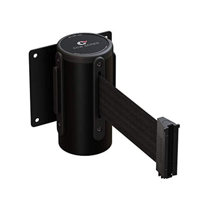 Crowd Control Warehouse Wall Mount Retractable Belt Barrier, 11' Black Belt | CCW Series WMB-125 Fixed Design with Black Steel Case, Anti-snapback Slow-retracting Brake and Universal Belt End. - color: Black, size: Solid Color