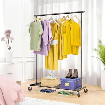 Ekisemio Clothes Rack for Hanging Clothes, 64.25 Inch Clothing Racks with Wheels, Portable Rolling Clothes Garment Rack for Bedroom, Laundry, Living Room, Black - style: Modern