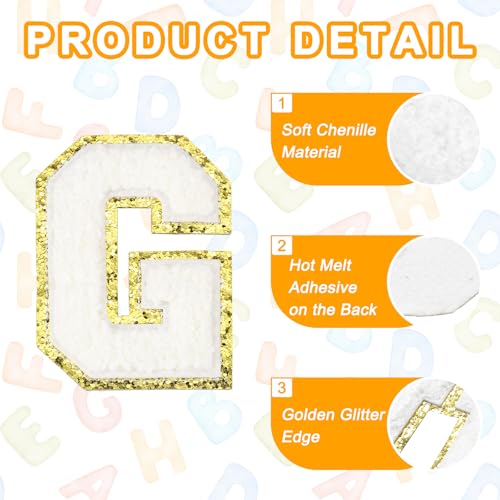 MECCANIXITY Chenille Letter Patches 3.1" Alphabet G Iron on Embroidered Patch Sew on Letter Stickers Applique for Repairing Clothing Jeans Shoes Hats DIY(White, Pack of 4) - style: Letter-G