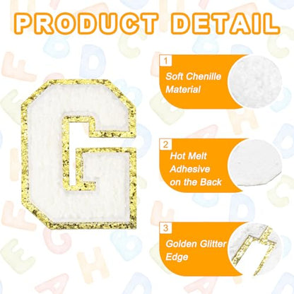 MECCANIXITY Chenille Letter Patches 3.1" Alphabet G Iron on Embroidered Patch Sew on Letter Stickers Applique for Repairing Clothing Jeans Shoes Hats DIY(White, Pack of 4) - style: Letter-G