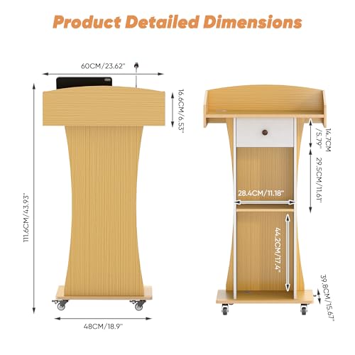 Portable Podium Stand with Metal Wheels, Rolling Podium with Drawer and Adjustable Shelf, Mobile Pulpit for Church, Wooden Lectern for Classroom Office Restaurant Conference (Oak White) - color: Oak+white