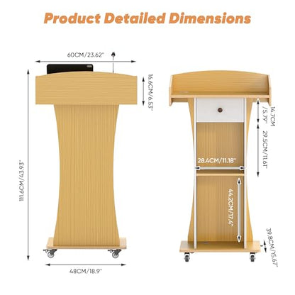 Portable Podium Stand with Metal Wheels, Rolling Podium with Drawer and Adjustable Shelf, Mobile Pulpit for Church, Wooden Lectern for Classroom Office Restaurant Conference (Oak White) - color: Oak+white