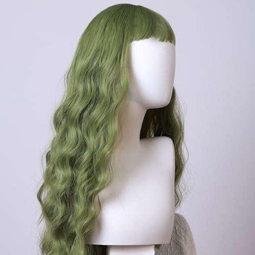 Green Curly Wig with Bangs for Women, 31 Inch Synthetic Cosplay Wig, Natural Looking Wavy Wig with Wig Cap for Parties, Role Play and Dress Up - color: Green