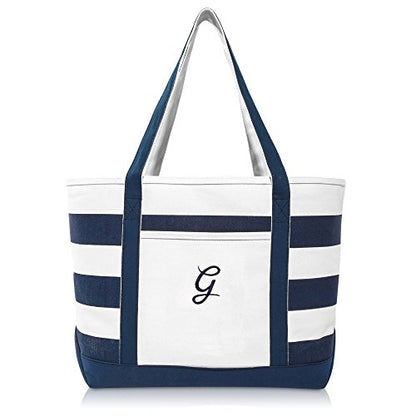 DALIX Premium Beach Bags Striped Navy Blue Zippered Tote Bag Monogrammed A - Z - color: G