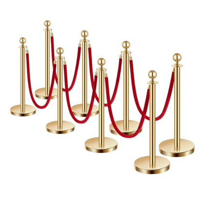 VEVOR Stanchions and Velvet Ropes 8Pcs, Hollow Base with Stainless Steel Post, 6 Red Velvet Ropes and Posts, Crowd Control Barriers Gold Stanchions, Red Carpet Runner Poles for Party Supplies - color: Gold