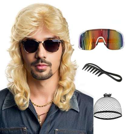 Men's 80s Rock Mullet Wig, Long Curly Retro Costume Wig, Perfect for 80s Theme Parties, Halloween, Rock Concerts and Cosplay with Sunglasses (Light Blonde) - color: 8002-Light Blonde
