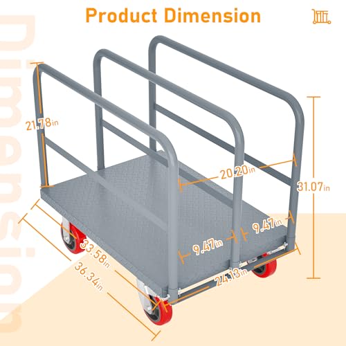 Steel Drywall Cart, 36 x 24 Inch Heavy Duty Flatbed Panel Cart Dolly with 6 Inch Swivel Caster, Platform Trucks 2000LBS Capacity, Lumber Mattress Transporting Heavy Loads with 3 Side Handrails - size: 3 Side Handrails