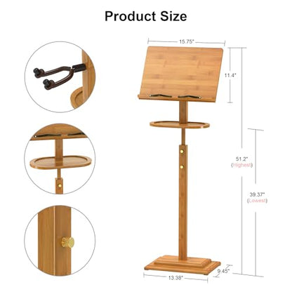 Sheet Music Stands-Bamboo Music Stand for Sheet Music& Desktop Book Stand With Tray Guitar Clip,Wooden Music Stand Portable Height Adjustable 39.37”to 51.2”Folding Holder Guitar Ukulele BassMusic - color: Tray + Guitar Clip+natural