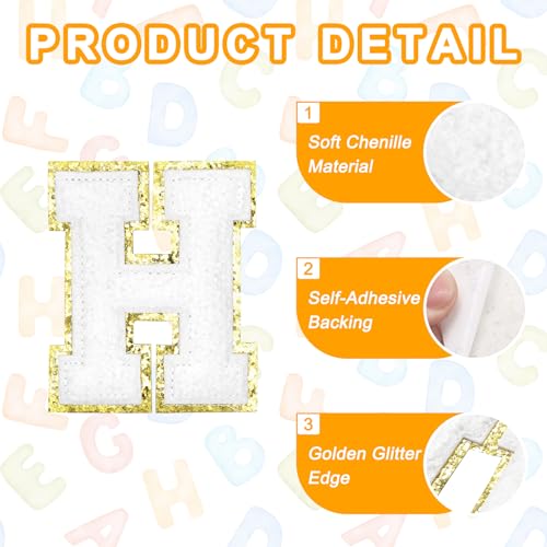 MECCANIXITY Chenille Letter Patches 2.2" Self Adhesive Alphabet H Stick on Embroidered Patch Sew on Letter Stickers Applique for Repairing Clothing Jeans Shoes Hats DIY(White, Pack of 8) - style: Letter H