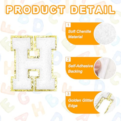 MECCANIXITY Chenille Letter Patches 2.2" Self Adhesive Alphabet H Stick on Embroidered Patch Sew on Letter Stickers Applique for Repairing Clothing Jeans Shoes Hats DIY(White, Pack of 8) - style: Letter H