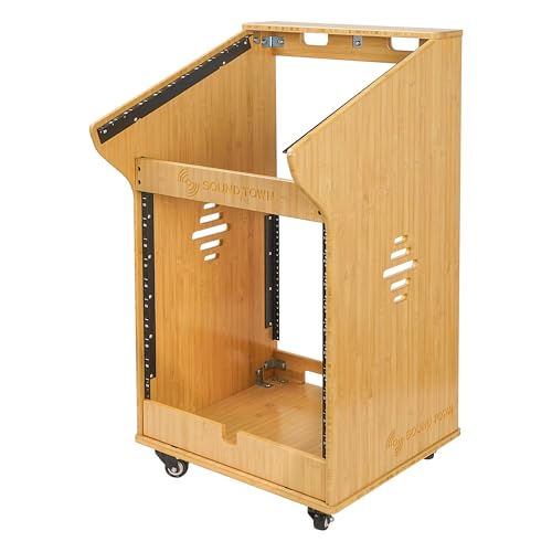 Sound Town DIY Solid Carbonized Bamboo Studio Rack with 11U Slant Mixer Top, 10U Front Rack, 2U Bottom Storage, Casters, Rubber Feet, for Recording Room, PA/DJ Equipment, Home-Audio (STBR-M11X12) - size: 12U w/ Mixer Top, 2U Drawer