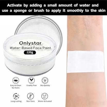 120g Large White Face Paint – 4X Volume of 30g, Water Activated Face Makeup for Halloween Clown Cosplay, Non Toxic Professional SFX Body Paint for Kids Adults – Long Lasting & Easy Wash - color: white