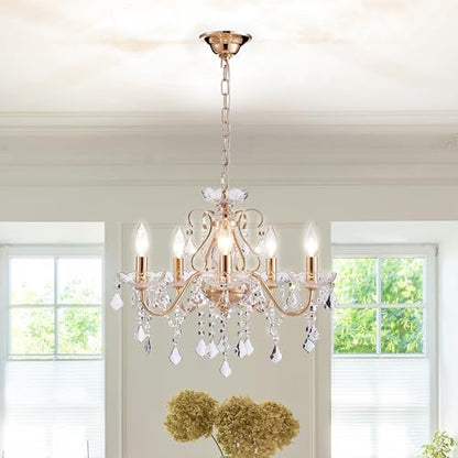 Saint Mossi 5 Light Crystal Chandelier Light Fixture, Modern Gold Crystal Pendant Light, French Gold Raindrop Chandelier for Dining Room, Bedroom,Living Room, H17 x D20 - color: French Gold 5-Light