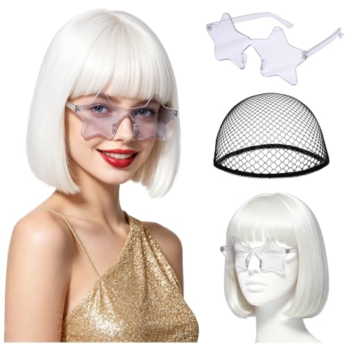 Short Bob Straight Hair Wigs with Bangs, Heat Resistant Fiber Hair, Star-shaped Glasses for Women (White) - color: White