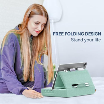 KDD Tablet Pillow Holder, Foldable iPad Stand for Lap, Bed and Desk -Tablet Soft Pad Dock with Pocket & Stylus Mount Compatible with iPad Pro 12.9, 10.5, 9.7 Air Mini 6 5 4 3, E-Reader - color: Green
