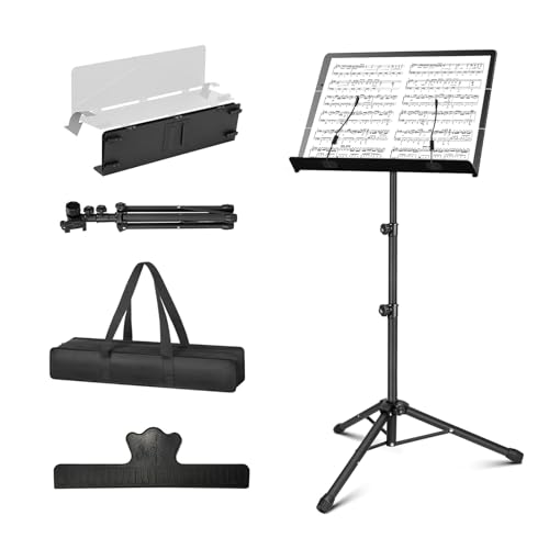 Portable Music Stand - Folding Sheet Music Stand & Book Stand with Carrying Bag, 3 in 1 Tri-fold Panel Metal Podium Stand Adjustable Height with Music Sheet Clip Holder
