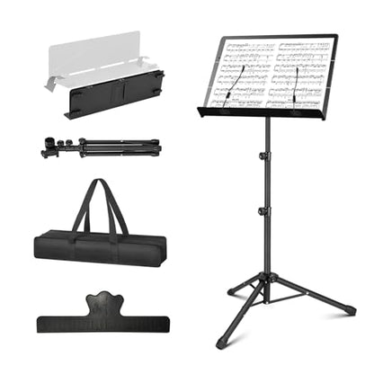 Portable Music Stand - Folding Sheet Music Stand & Book Stand with Carrying Bag, 3 in 1 Tri-fold Panel Metal Podium Stand Adjustable Height with Music Sheet Clip Holder