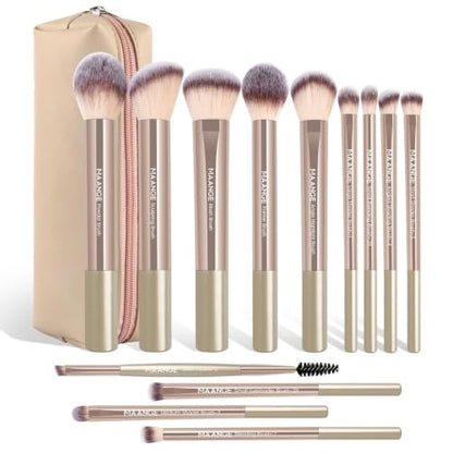 MAANGE 13 PCS Makeup Brushes Professional Make Up Brushes Premium Synthetic Powder Concealers Brushes Travel Makeup Brush Set with Case (Champagne) - color: Champagne
