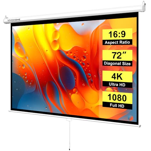 VIVOHOME 72 Inch 16:9 Pull Down Projector Screen, White | Manual Retractable 4K Projection Screen for Home Theater, Roll Up ALR Movie Screen for Ceiling and Wall Mount - color: White, size: 72" Diagonal (16:9)