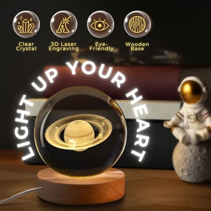 Flexzion 3D Saturn Crystal Ball Night Light - LED Light Hologram Glass Lamp with Solid Wood Base, USB Powered Crystal Ball Lamp with Adjustable Brightness for Home Decor Display Gift, 2.4inch(60mm) | Saturn Lamp with Solid Beech Wood Base and Adjustable B
