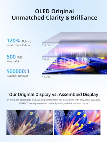 UPERFECT OLED Portable Monitor Touchscreen, 14" 3K 120Hz Gaming Monitor | 0.1ms | 2880x1800 | 500 Nits | 120% DCI-P3 | 500000:1 Contrast | Ultra-Slim for Laptop Mini PC Phone Game Consoles, GR14BU - size: 14"