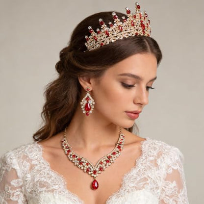 Tiaras Crowns for Women,Wedding Jewelry Set, Tiaras Necklace Earrings Crystal Bridal Wedding Jewelry Sets for Brides Bridesmaid Prom Costume Accessories - color: Gold Red