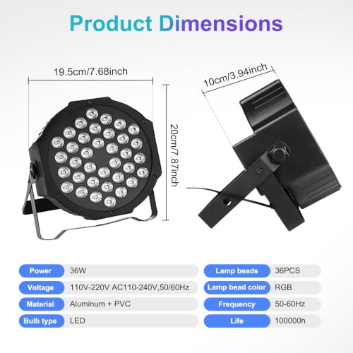 36 LED DJ Stage Par Lights - Sound Activated RGB, 9 Modes, Remote & DMX Control - 8 Pack
