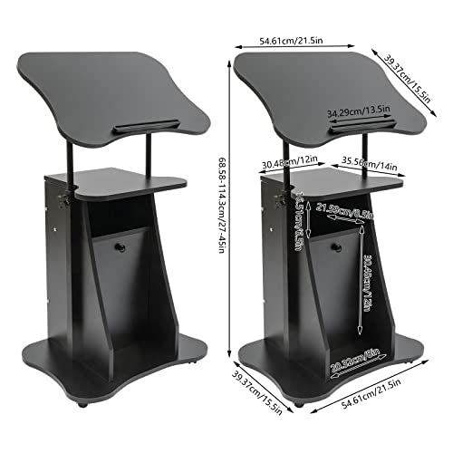 2PCS Mobile Laptop Podium Height Adjustable Sit to Stand Desk with Tilting Desktop & Storage Cabinet Ergonomic Rolling Lectern Cart Laptop Desk Office Podium Stand on Wheels Black