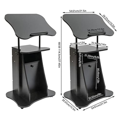 2PCS Mobile Laptop Podium Height Adjustable Sit to Stand Desk with Tilting Desktop & Storage Cabinet Ergonomic Rolling Lectern Cart Laptop Desk Office Podium Stand on Wheels Black