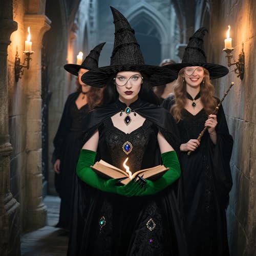 Horolam Halloween Elphaba Costume Accessories, Witch Costume Hat with Glasses Green Gloves for Adult Women Cosplay Dress Up