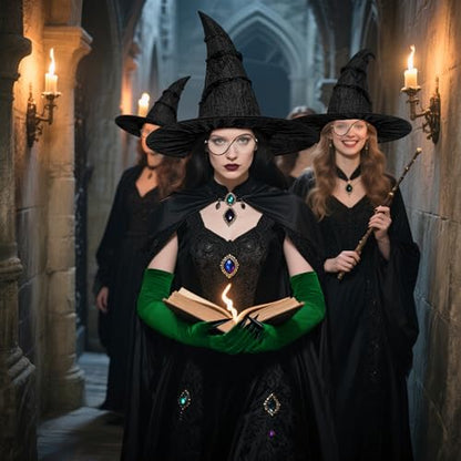 Horolam Halloween Elphaba Costume Accessories, Witch Costume Hat with Glasses Green Gloves for Adult Women Cosplay Dress Up