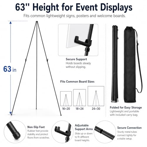 RRFTOK 3 Pack 63 in Sign Easel Stands, Instant-Fold Tripods with Bags | Instant-fold metal tripod with carry bag for welcome sign, poster display, foam board and floor use - style: 63B 3pack