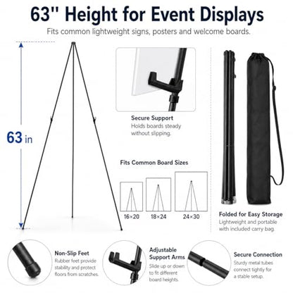 RRFTOK 3 Pack 63 in Sign Easel Stands, Instant-Fold Tripods with Bags | Instant-fold metal tripod with carry bag for welcome sign, poster display, foam board and floor use - style: 63B 3pack