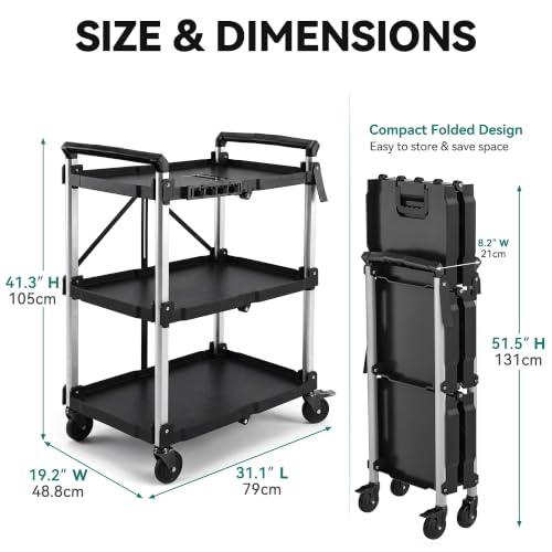 YITAHOME 3-Tier Large Folding Utility Cart w/Wheels(2 Brakes), 300lbs - size: 300 LBS with 31.1"L x 19.2"W x 41.3"H