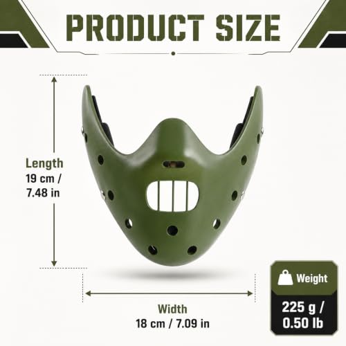 Hannibal Lecter Mask Cosplay The Silence of The Lambs Half Face Resin Mask | Halloween Costume Prop, Durable Resin, Sponge Pads, Adjustable Buckle Straps, Open Mouth Cage, Adult, for Role Play Party - color: Green