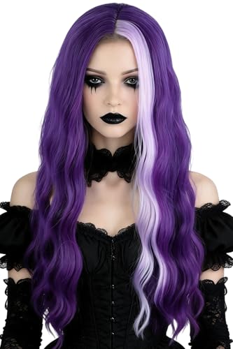 Women Synthetic Long Wavy Wig Purple Hair with Single Purple Pink Streak Gothic Vampire Cosplay Wig Halloween Carnival Costume Party Wigs | Halloween Party, Cosplay Costume, Gothic Style, Vampire Theme - color: Purple/
