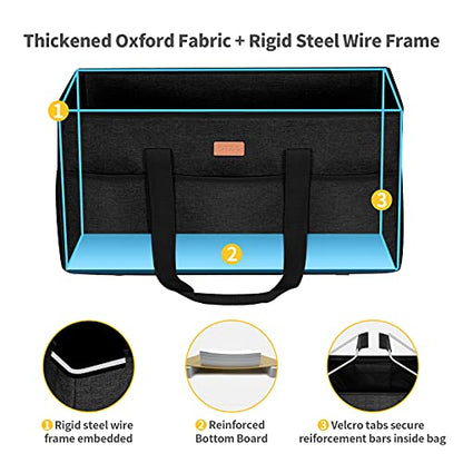 LHZK Stand Up Extra Large Utility Tote Bag with Lid, Utility Tote Bag with Metal Wire Frame and the Sides Rinforced, Reusable Grocery Bags Foldable, Beach Bag, Car Tote (Black) - color: Black, size: 22.5''x10.3''x12''-1 Pack