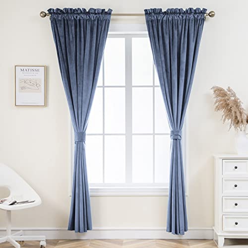 PLEASANT BOULEVARD Stone Blue Velvet Curtains 84 inch Long Heavyweight Blackout Curtains Rod Pocket Thermal Insulated Darkening Window Drapes for Bedroom Living Room, W52 x L84, 2 Panels - color: Stone Blue, size: 52"W x 84"L (Pack of 2)