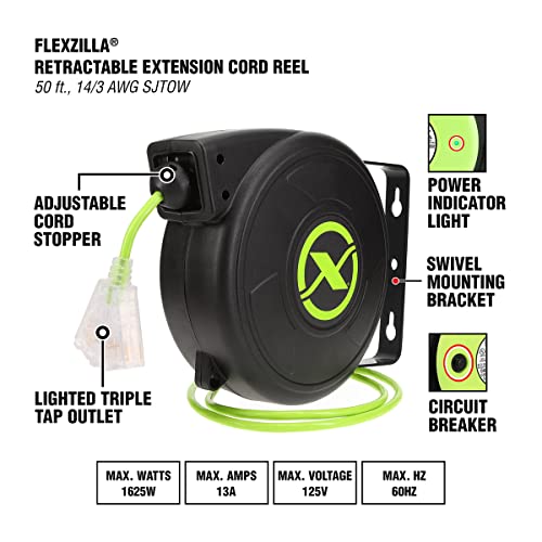 Flexzilla Retractable Extension, 14/3 AWG SJTOW, 50', Grounded Triple Tap Outlet Electric Cord Reel, ZillaGreen, FZ8140503 - size: 50ft / 14 Gauge