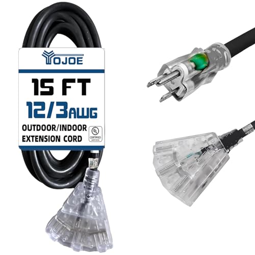 YOJOE 3-Outlets Indoor Outdoor Extension Cord with Lighted End, 3 Prong 15A Weatherproof Power Cord, 12 Gauge Heavy Duty 15 ft Black Extension Cord Multiple Outlets, 12/3 SJTW UL Certified - color: Black, size: 15 Foot