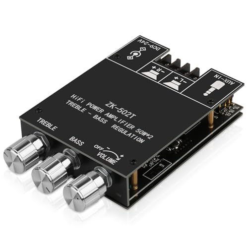 ZK-502T Power Amp Bluetooth 5.0 Audio Amplifiers Board 2.0 Channel 50W+50W AUX BT DC12-24V Mini Stereo Amplifier Module with Treble and Bass for DIY Home Speakers - color: Black2 ZK-502T
